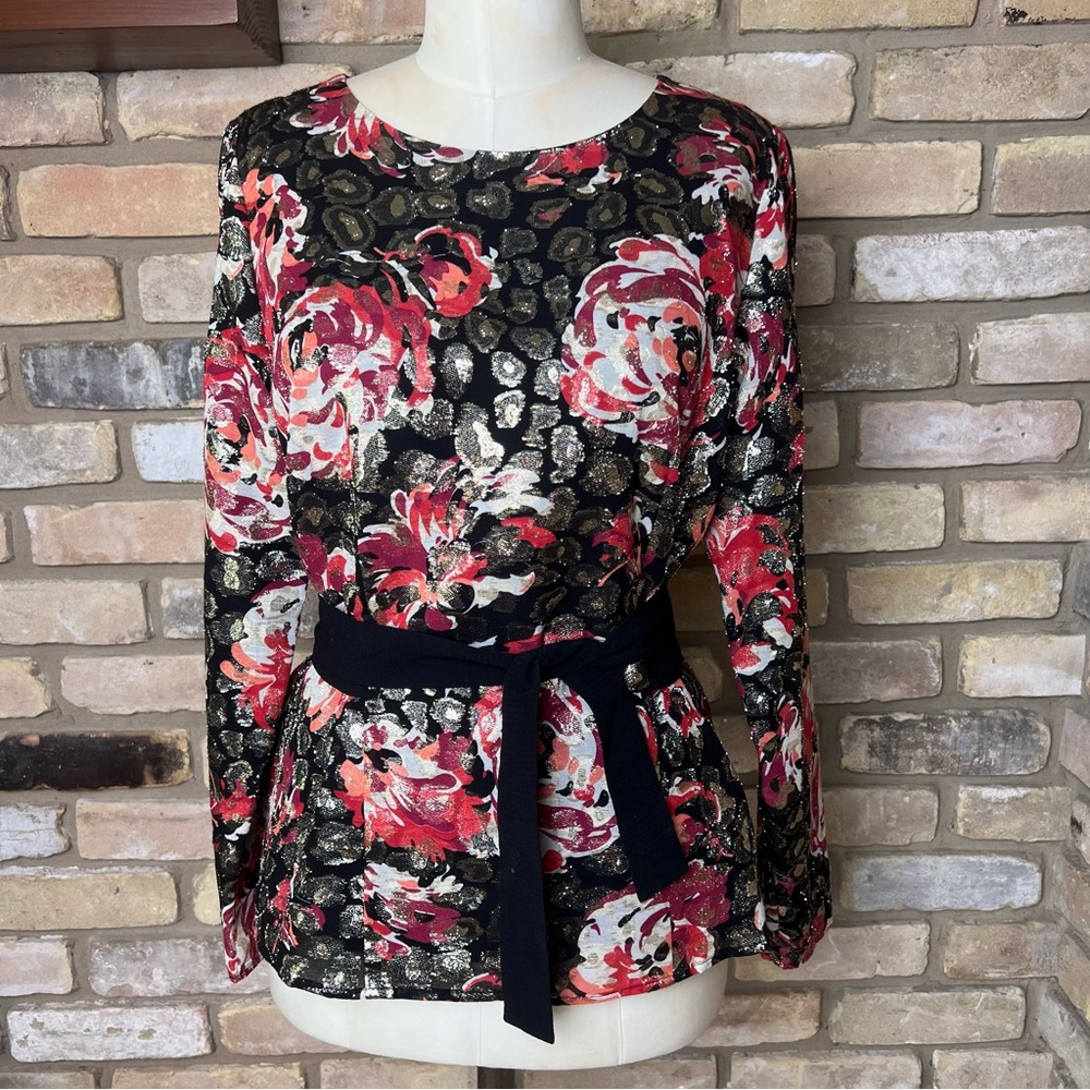 SEZANE black red gold abstract floral top with tie waist - FR 40